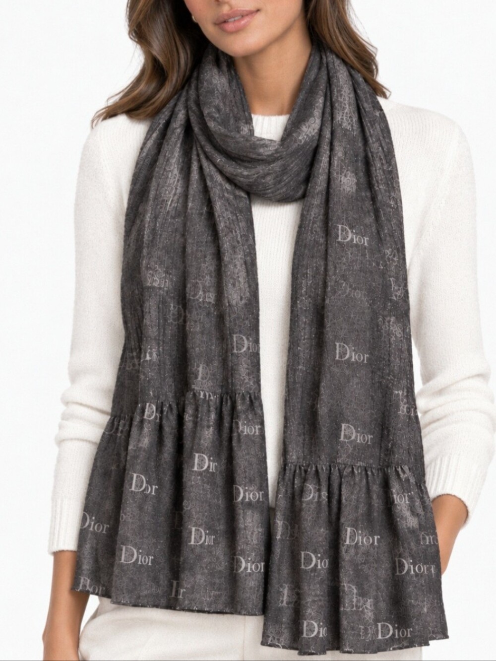 Dior Gray Pleated Silk Blend Logo Scarf